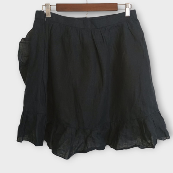 J Crew Skirt Womens 10P Black Linen Faux Half Wrap Ruffle Coastal Whimsy Goth - Picture 2 of 7